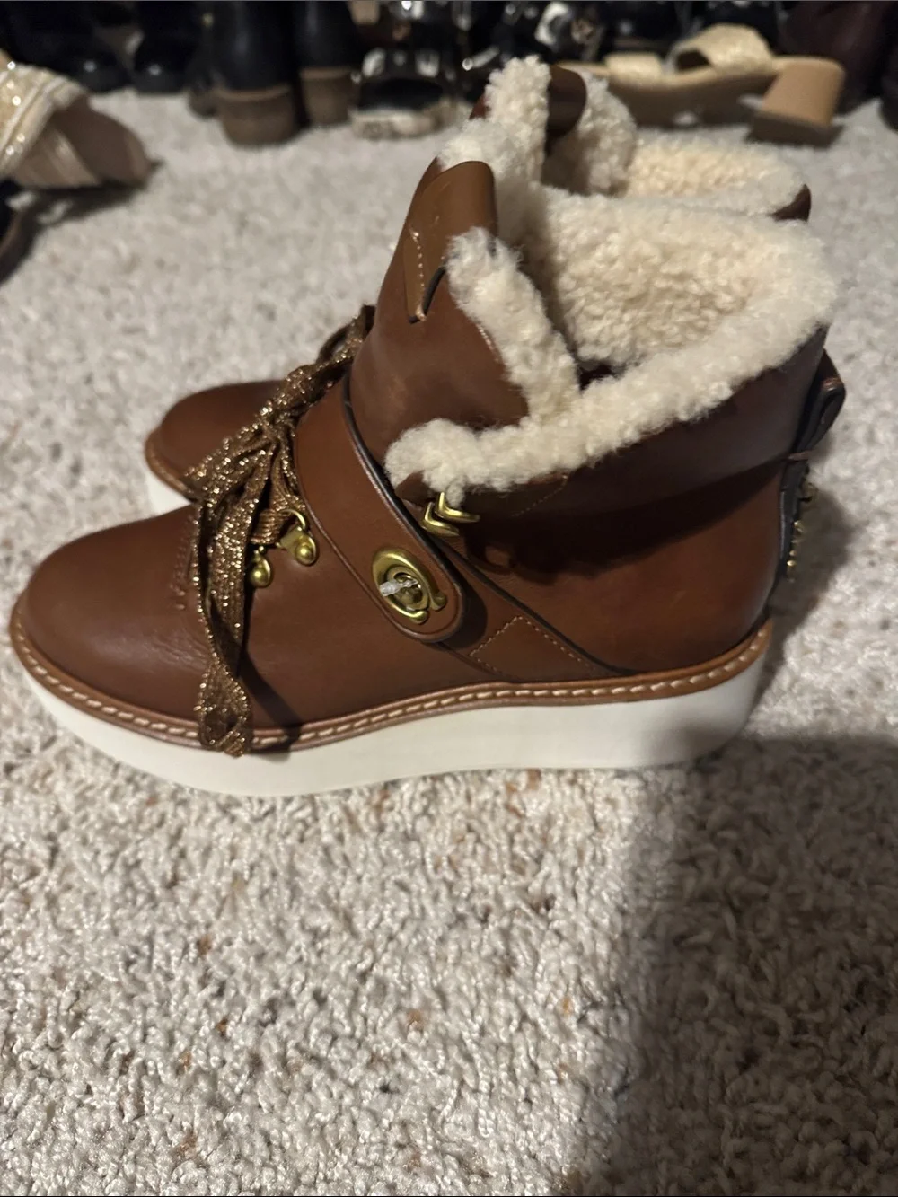Coach Brown Shearling-Trim Winter Boots with White Sole